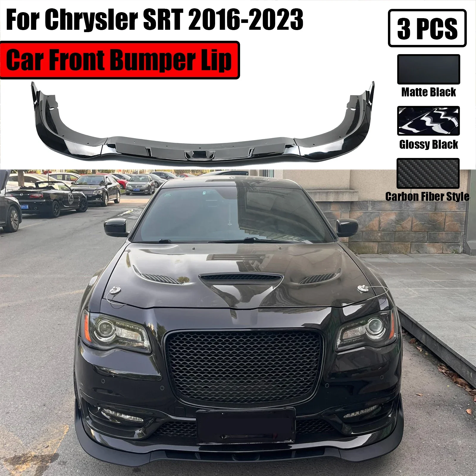 

A Set Car Front Bumper Lip 3PCS For Chrysler 300 C S SRT 2016-2023 Splitter Spoiler Glossy Black Carbon Fiber Body Kit