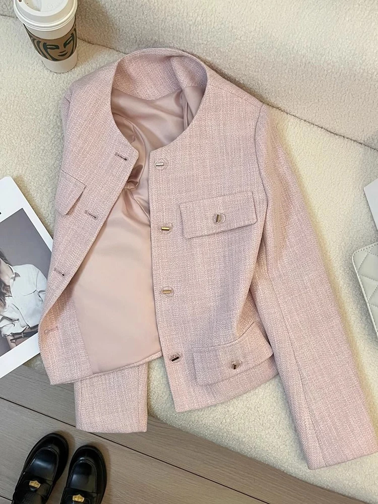 Pink Elegant Blazers Women Long Sleeve Button French Office Lady Suit Coats Spring Small Fragrance Female Simple O Neck Jacket