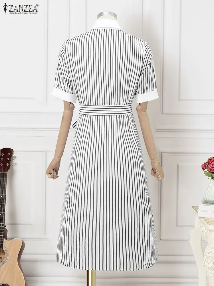 فساتين قميص طويلة أنيقة من ZANZEA للنساء بأكمام قصيرة مخططة موضة ماكسي فيستدوس بحزام لصيف 2025 رداء نسائي للحفلات #5