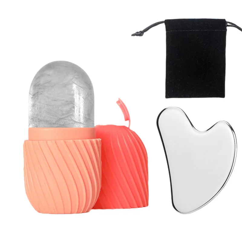 ลูกกลิ้งหน้าน้ําแข็งซิลิโคนและชุดเครื่องมือขูดสแตนเลส (พร้อมถุงเก็บ) เครื่องมือดูแลผิวหน้าแบบใช้ซ้ําได้ 2 ชิ้น