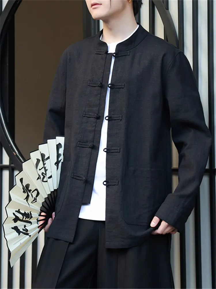 

Льняная хлопковая рубашка мужская с длинным рукавом, тонкая, весенняя, новая, в китайском стиле, одежда в стиле Тан Ханьфу, свободный крой, молодежный тренд, водостойкая.