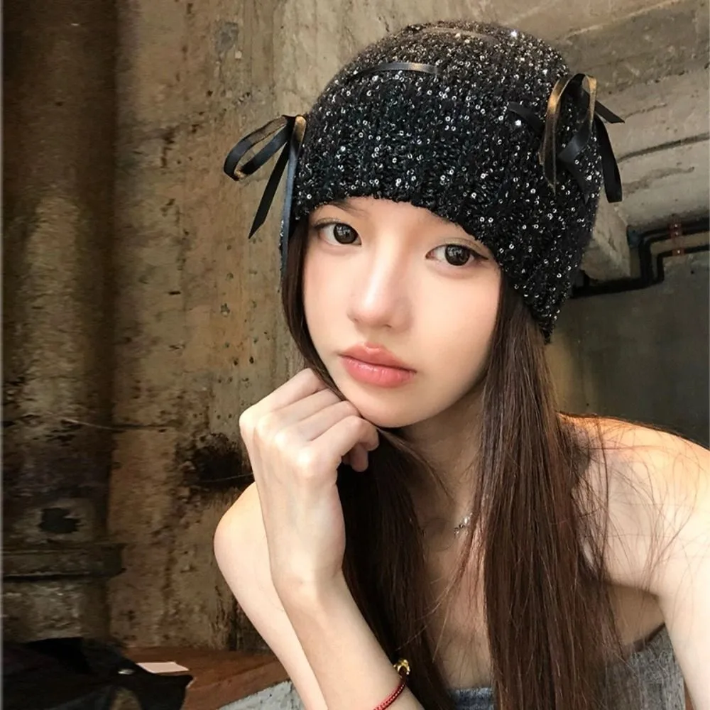 

Warm Vintage Sequin Knitted Hat Bowknot Jennie Style Beanie Hat Hollow Thin Woven Cap Winter