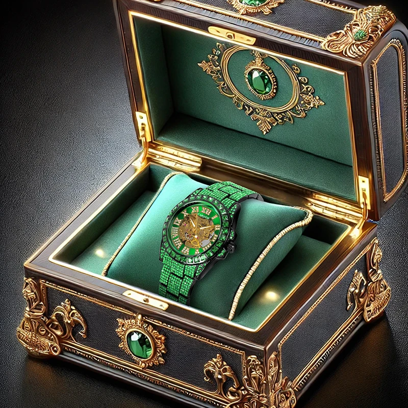 

Мужские роскошные модные аналоговые автоматические механические часы с зеленым стальным ремешком и нежной шестерней