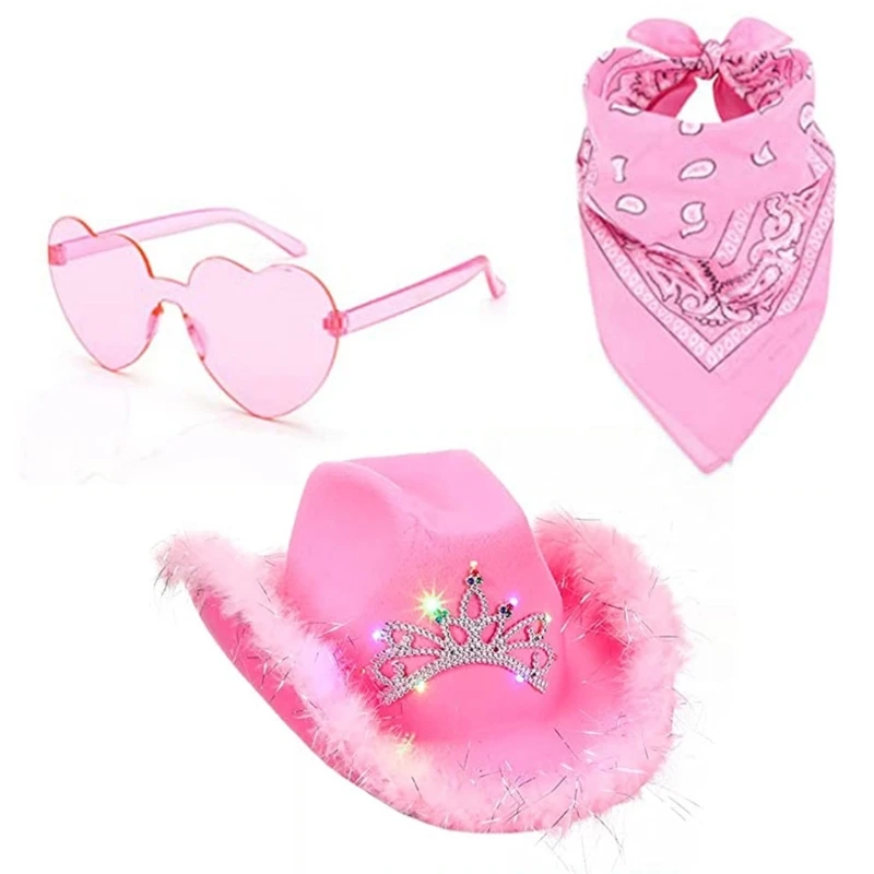 Cosplay Cowboy Hat for Female WesternStyle Top Hat Kerchief Scarf Heart Sunglasses Masquerade Party Costume Accessories