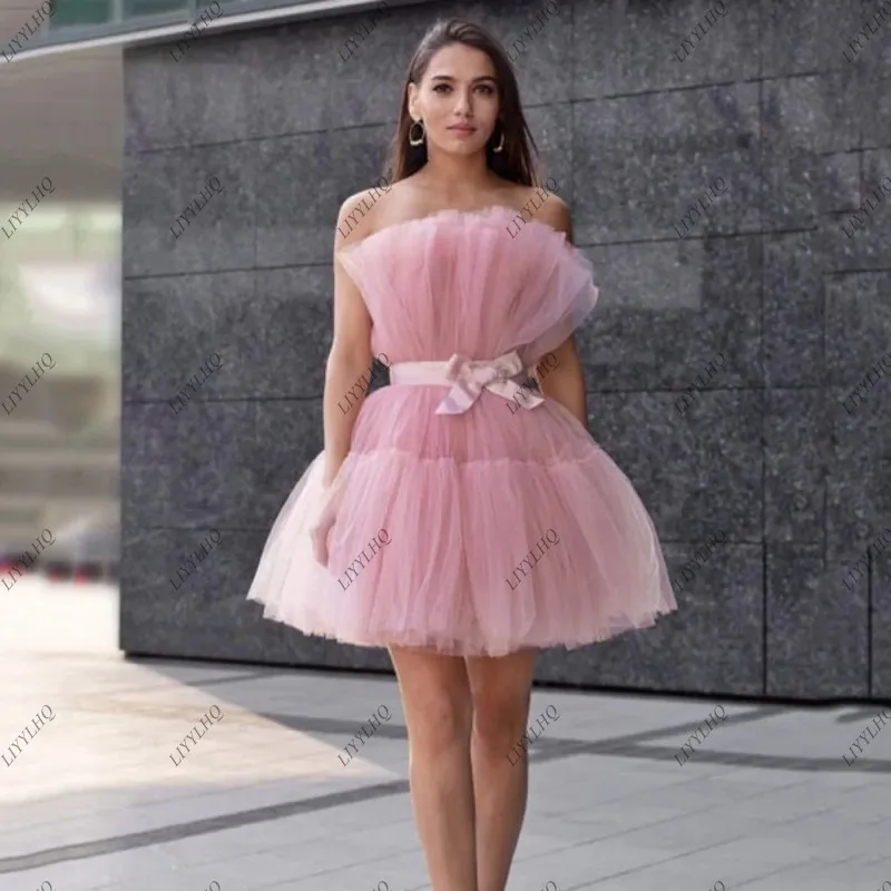 

LIYYLHQ Sexy Pink Party Cocktail Dress With Mini Bow Tie For Women Simple Pretty A Line Tulle Evening Gowns Illusion Strapless r