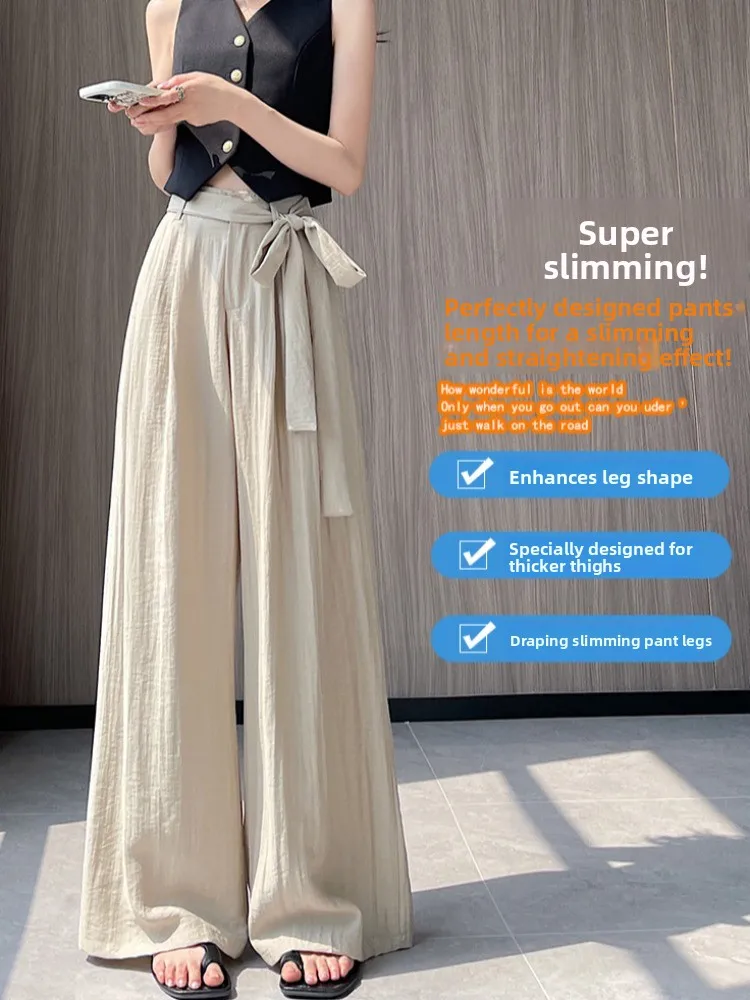 White Linen Silk Wide Leg Pants Women Summer Lightweight Casual Bando Trousers Long Pants Commute Sle High Waist Straight Cut