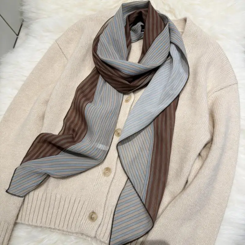 Vintage Seidenschal für Damen, gestreift, doppelseitig, eleganter Druck, Halstuch, modisches Büro-Accessoire für alle Jahreszeiten – Detail 6