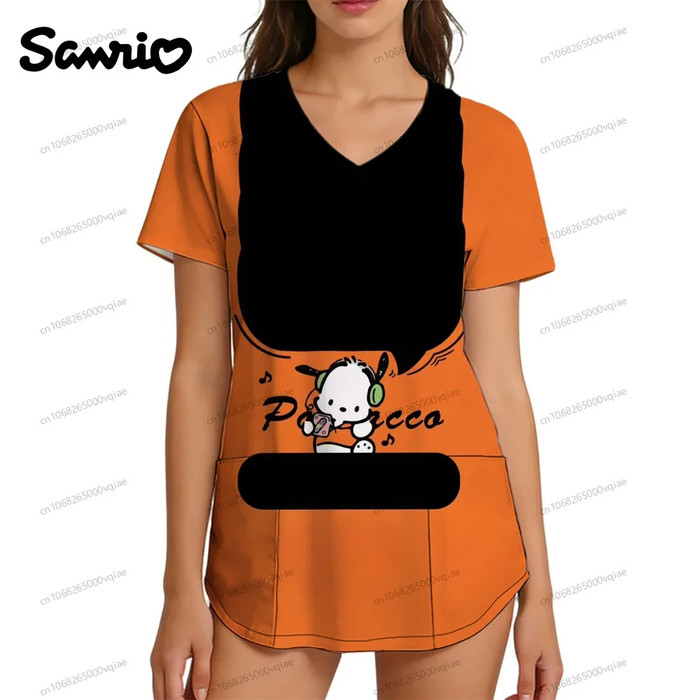 

Nurse Uniform V Neck T Shirt Fashion 2026 New Trend Women's T-shirt Y2k Clothes Pochacco Pocket 3D Print Kawaii Summer S-2XL