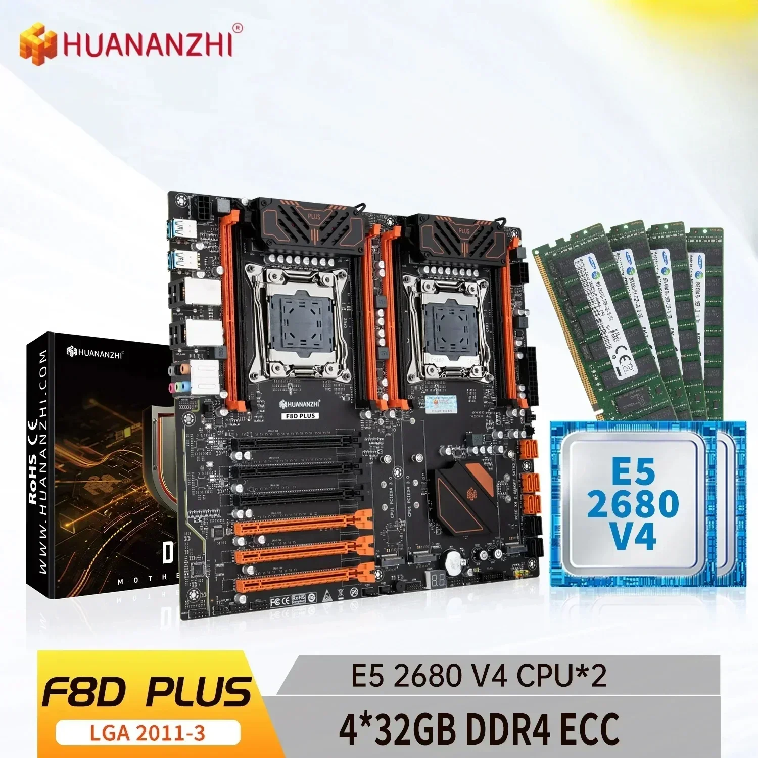 HUANANZHI X99 F8D PLUS LGA 2011-3 XEON X99 Motherboard with Intel E5 2680 V4*2 with 4*32G DDR4 RECC memory combo kit set RU