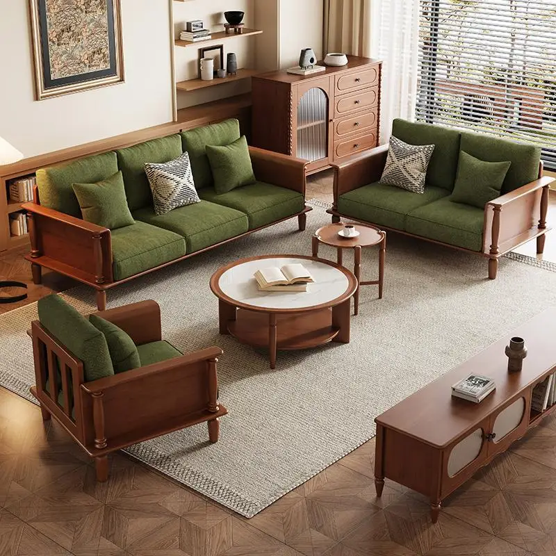 Mid-Century Solid Wood Sofa 2025 New Modern Simple Living Room Chair Household Small Apartment Inline Fabric Sofa