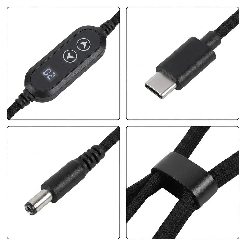 For Type-C to DC Power Adapter Cable 100W Adjustable 5-20V for Router Laptop Power Supply 5.5x2.5mm 120cm Black