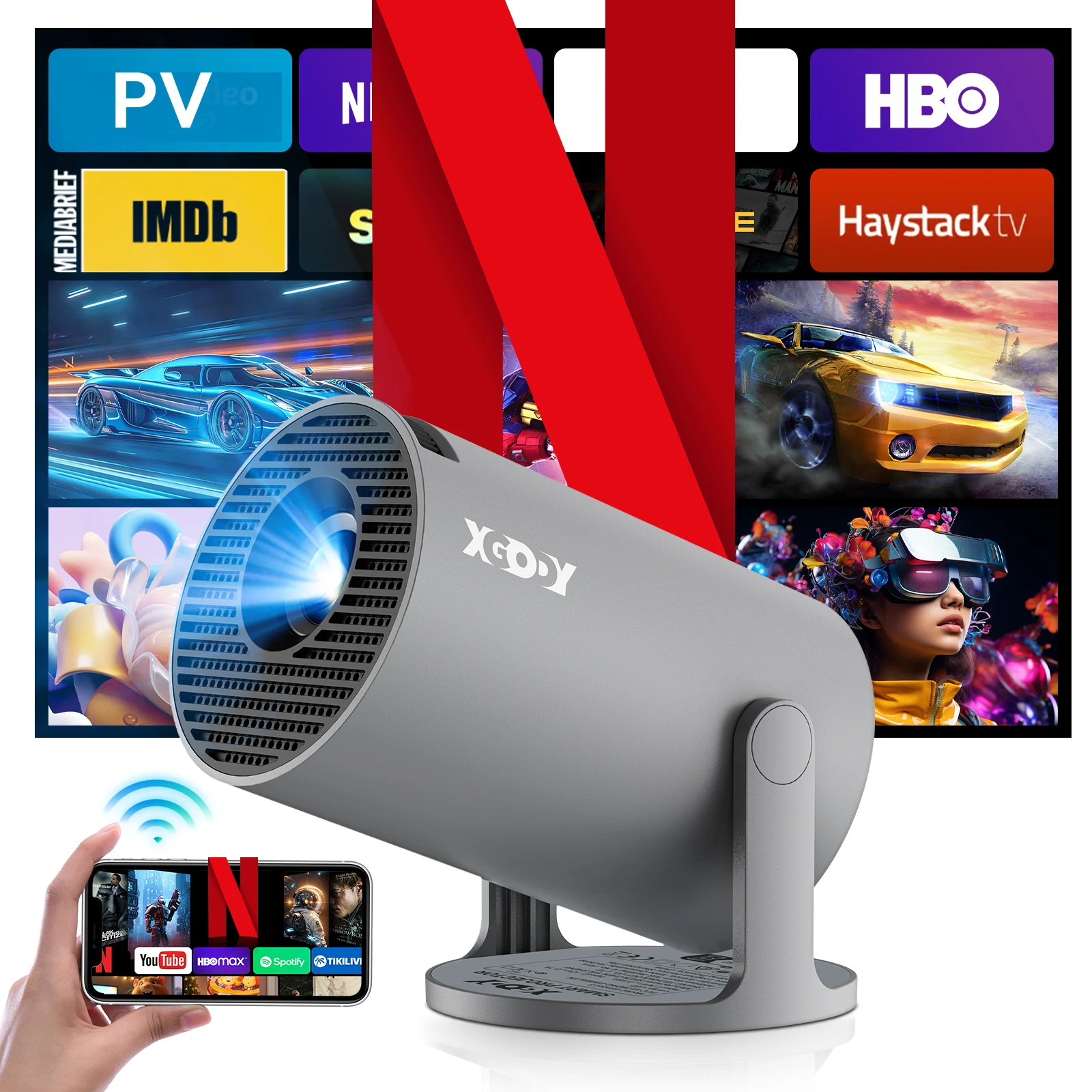 Proyector XGODY 4K Wifi6 Android Beamer 260 ANSI WIFI Dual Allwinner H713 BT5.4 1280*720P cine en casa portátil al aire libre