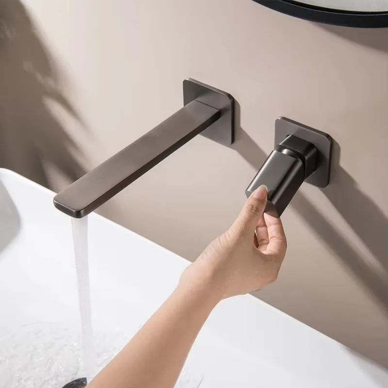 Stylish and Simple Design Brushed Gold Bathroom Inner Wall Installation Basin Faucet Hidden Hot and Cold Basin Faucet