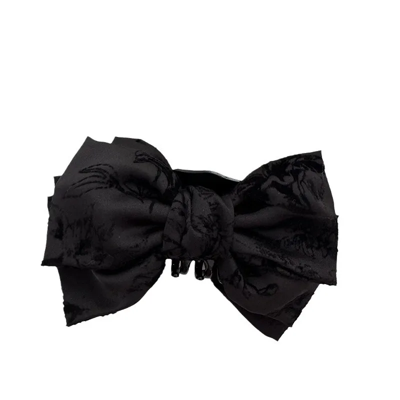 French Retro Fabric Satin Velvet Print Bow Ribbon Ponytail Grip Elegant Hair Clip Hair Accessories New Hair Claws Headwear