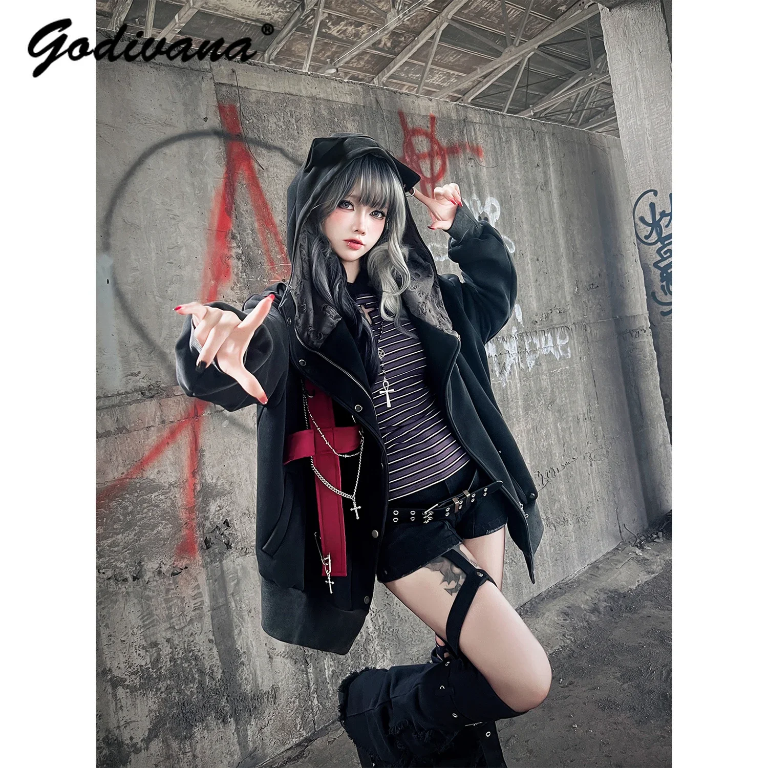 Subculture Y2K Sweet Cool Girls Chain Big Cross Fleece Cat Ear Jacket Sweatshirt Coat New Autumn and Winter Womens Hoodie Jacket