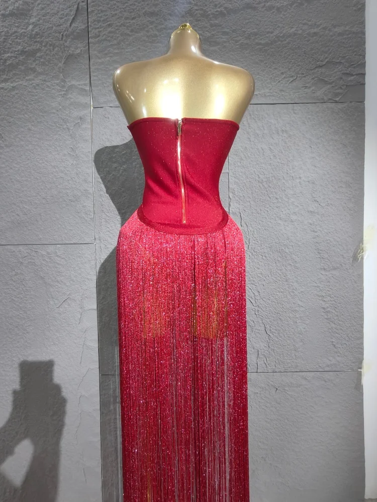 2025 пикантные красные женские элегантные вечерние боди без бретелек с длинными кисточками, бандажный боди, роскошный наряд для дня рождения, ночного клуба, певицы, сценический наряд