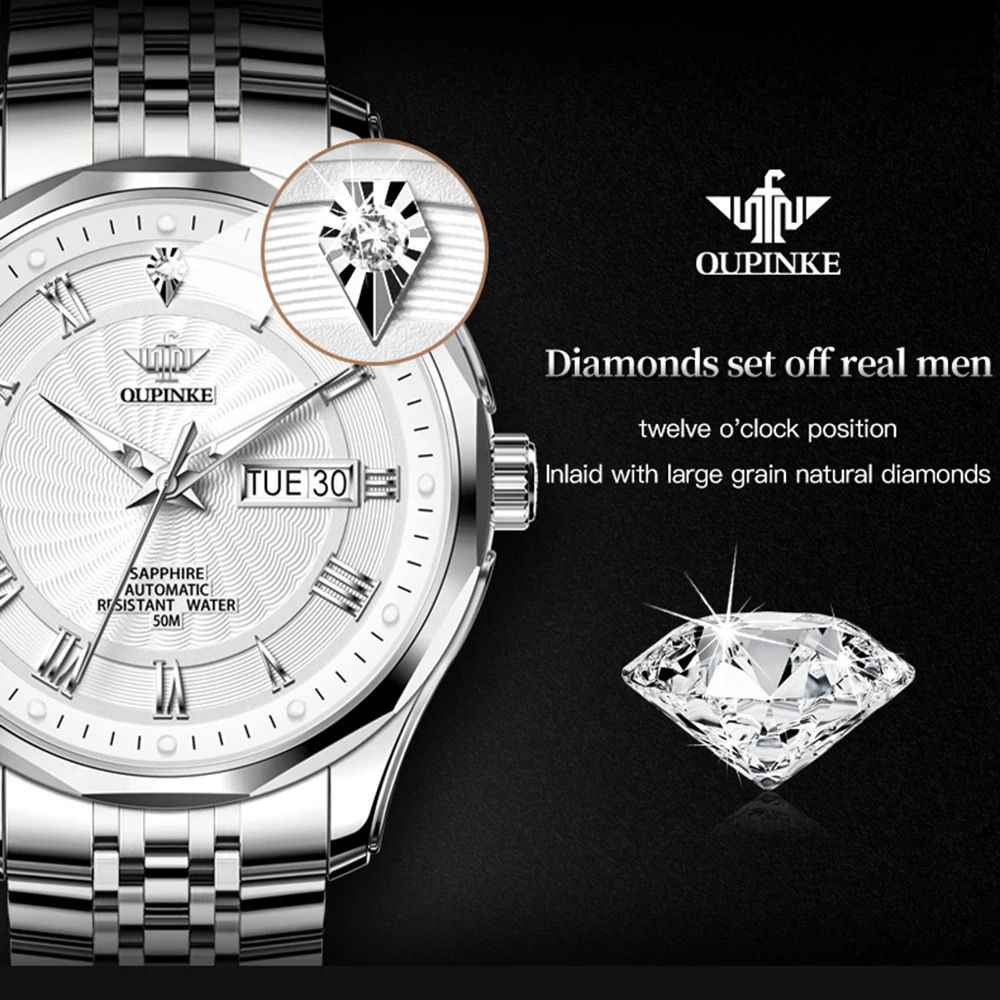 OUPINKE 3207 Real Diamond Luxury Automatic Watch For Men Dual Calendar Top Brand Men\'s Watch Waterproof Mechanical Hand Clock