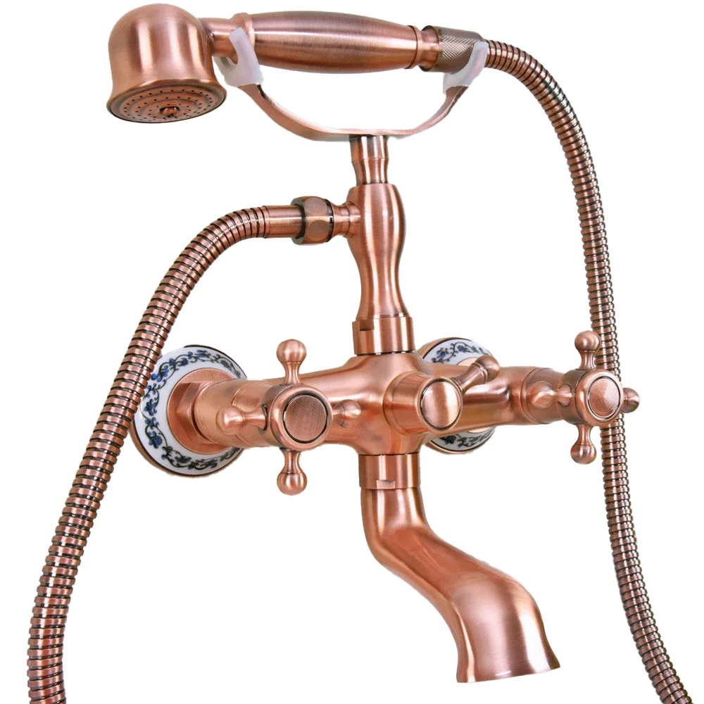 

Antique Red Copper Bathtub Faucets Telephone Style Tub Mixer Taps Dual Handle Bathroom Bath Shower Faucet with Handshower tna338