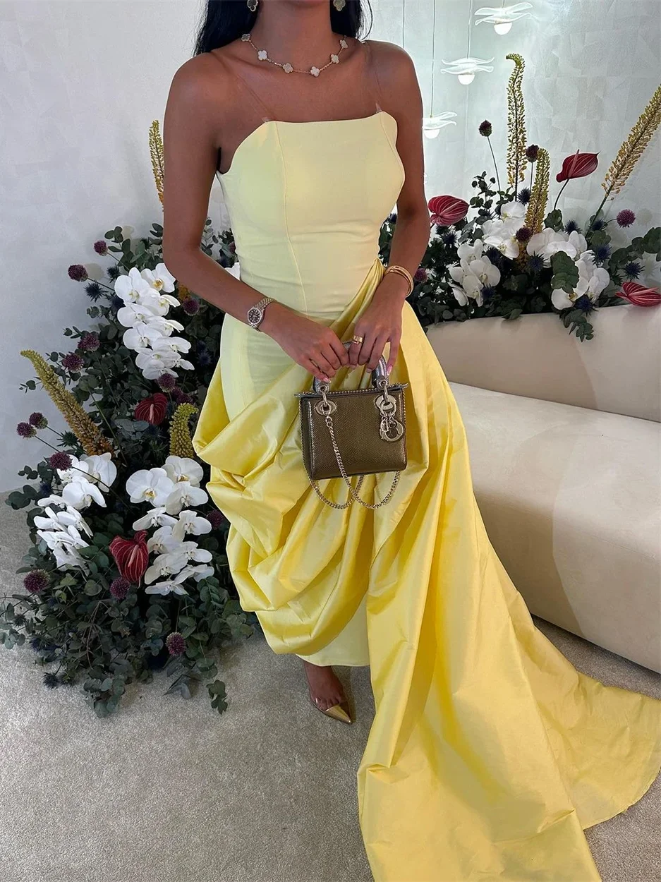 

Prom Dresses Exquisite Strapless Sheath Cocktail Fold Draped Satin Occasion Evening Gown Robesde Soirée فساتين سهره فاخره 2024