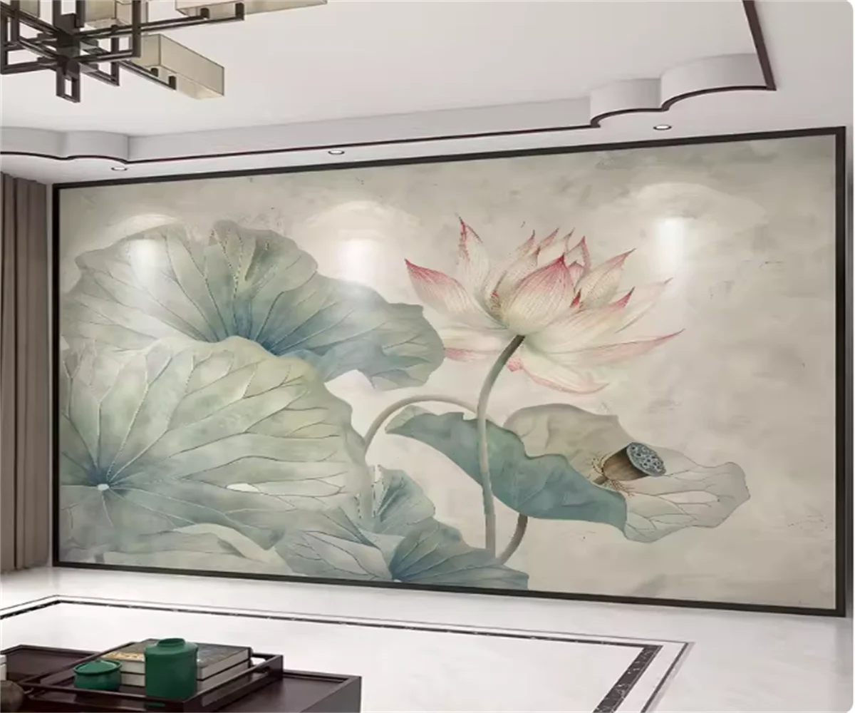 

Индивидуальные фотообои в китайском художественном стиле: лотосы, птицы, мраморные узоры, тушевая живопись для фона телевизора в гостиной