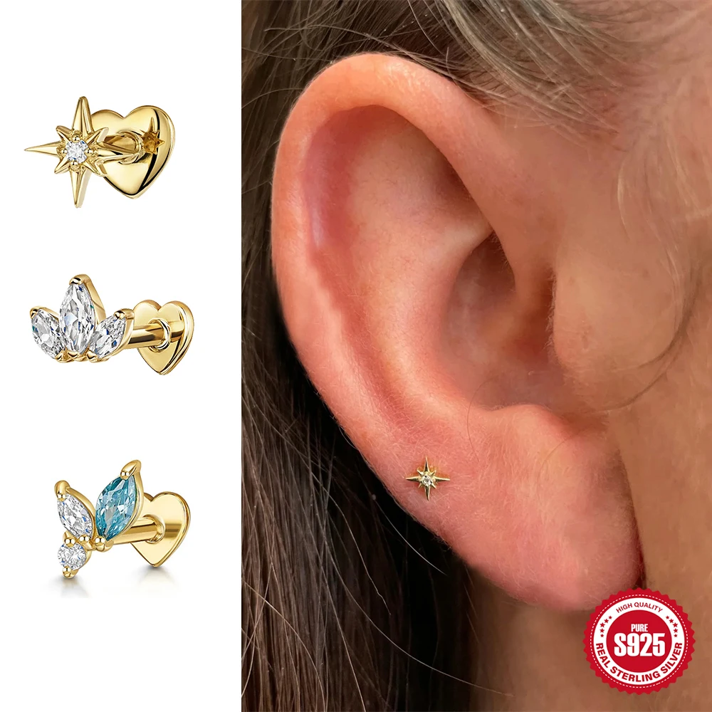 

BOAKO 925 Sterling Silver Luxury Geometry Zircon Thread Earrings For Women Men Heart Shaped Flat Head Cartilage Pierced 1 Piece