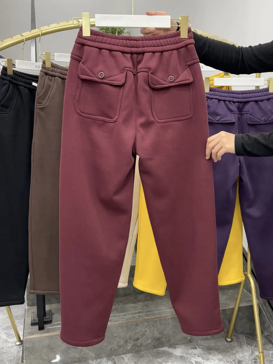 

Зимние брюки на флисовой подкладке с завязками, повседневные брюки-харлан больших размеров, скрывающие недостатки фигуры, универсальные, из смесового хлопка, с высокой талией, на резинке