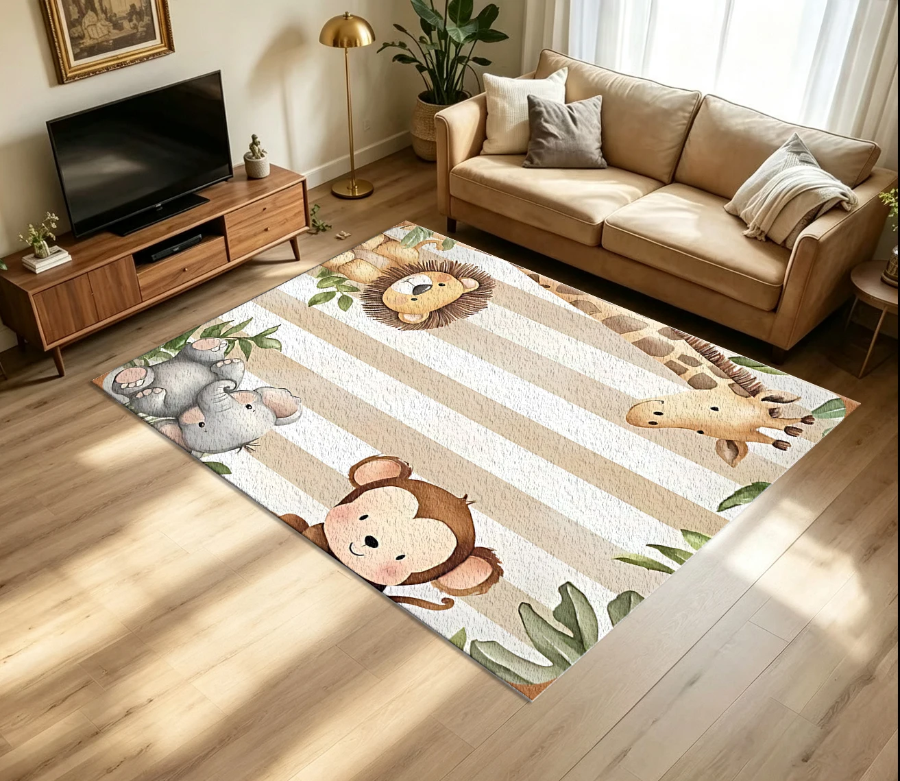 Baby Nursery Jungle Rug - Watercolor Safari Jungle Animal Striped Kids