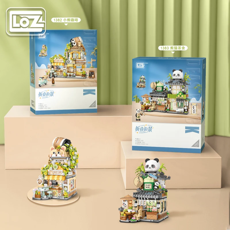 Loz Folding Street View Building Blocks Bear Coffee Assembled Panda Tea House Good-looking Building Shop