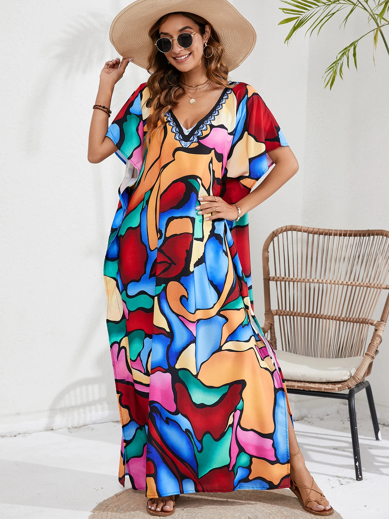 

Летний богемный кафтан с этническим узором, пляжное платье, накидка для бикини