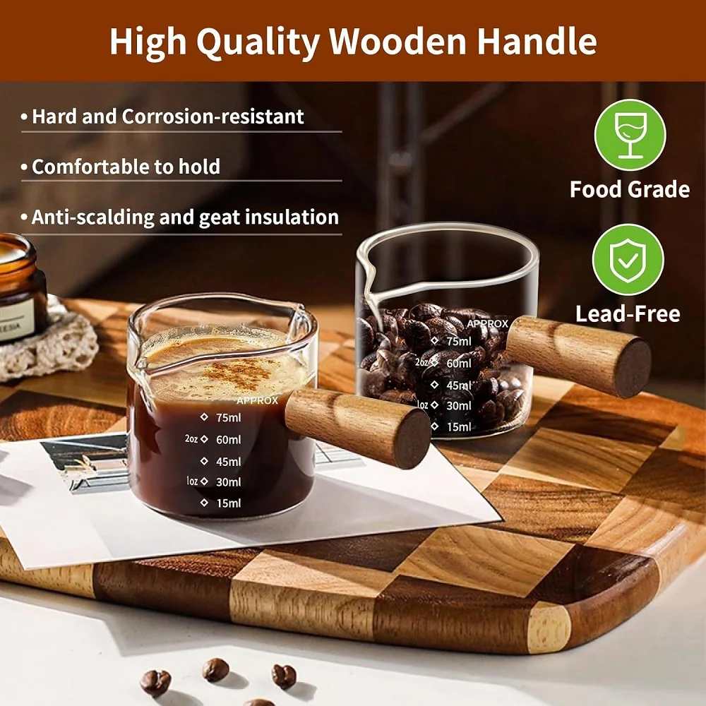 

Espresso Cups with Wood Handle, Clear Glass Espresso Accessories, Double Spout Glass Measuring Cup with Dual Scale 70/75ml
