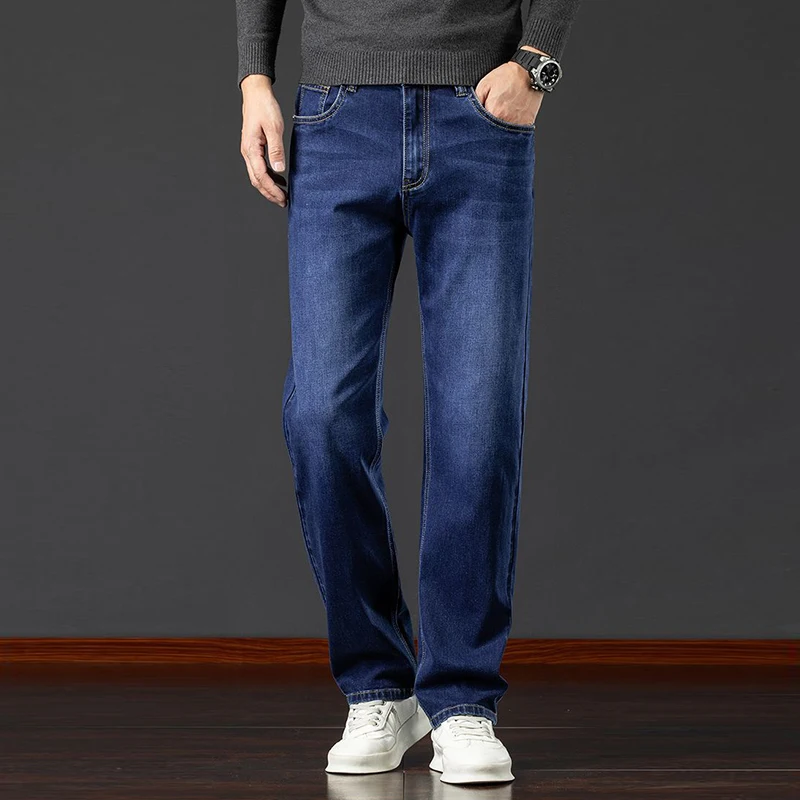 Men Autumn Winter Warm Loose Straight Jeans Male Fleece Lined Thickened Slim Fit Denim Pants Look Taller Elasticity Trousers