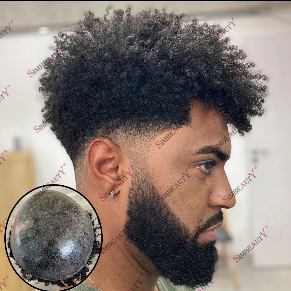 

Afro Kinky Curly Men's Human Hair Prosthesis Capillary Toupee for Black Men 1B65 1b40 Gray Hair Curly Full Skin PU Wig for Men