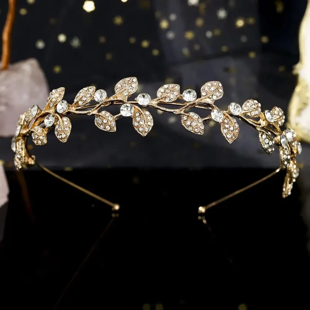 Alloy Material Wedding Hair Accessories Gold Silver Color Rhinestone Crystal Bride Headband Flower Design Leaf Design