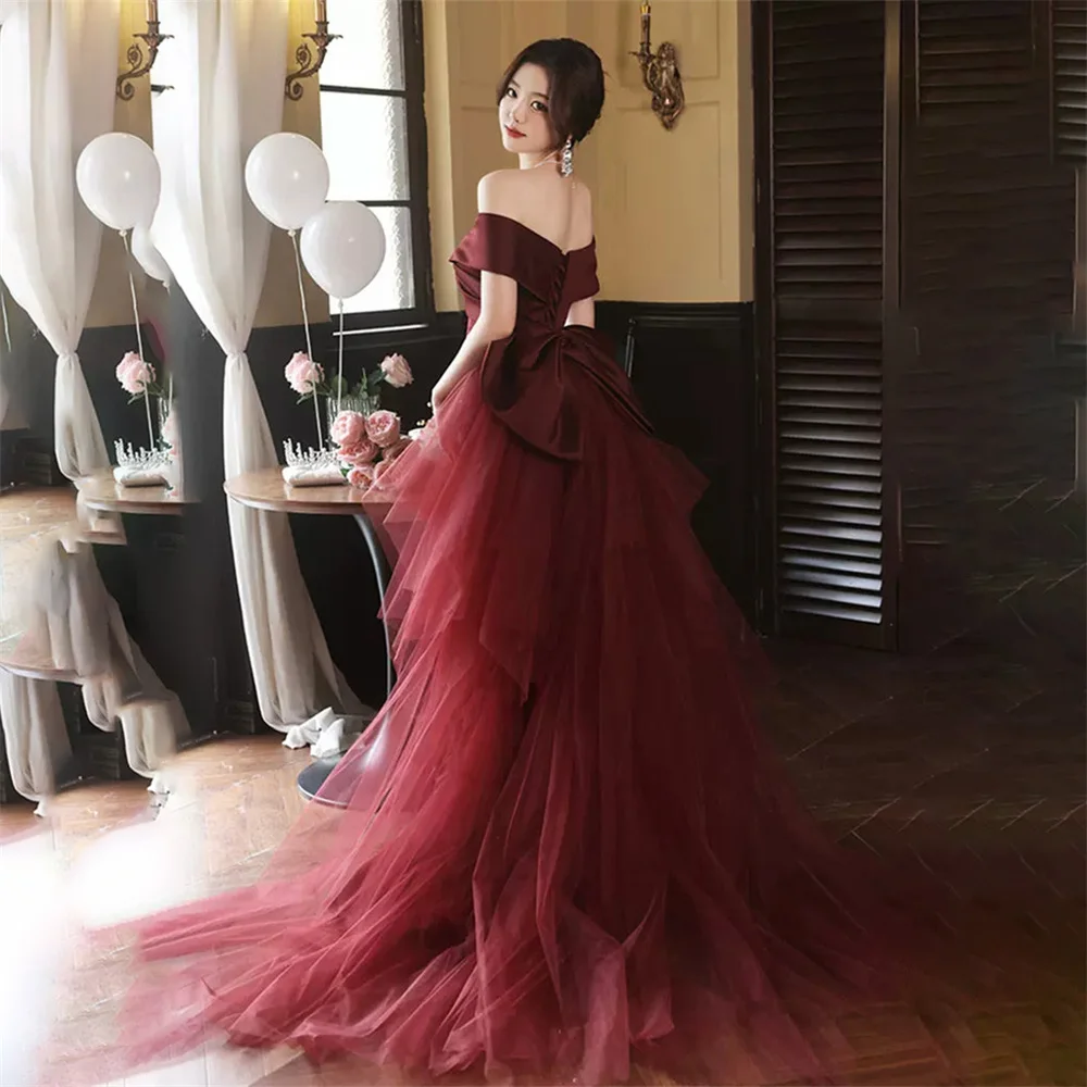 Lily Burgundy Stain Prom Dress Off the Shoulder Party Dress Mermaid Celebrity Gown Pleat Bow Wedding Party Dress вечерние платья