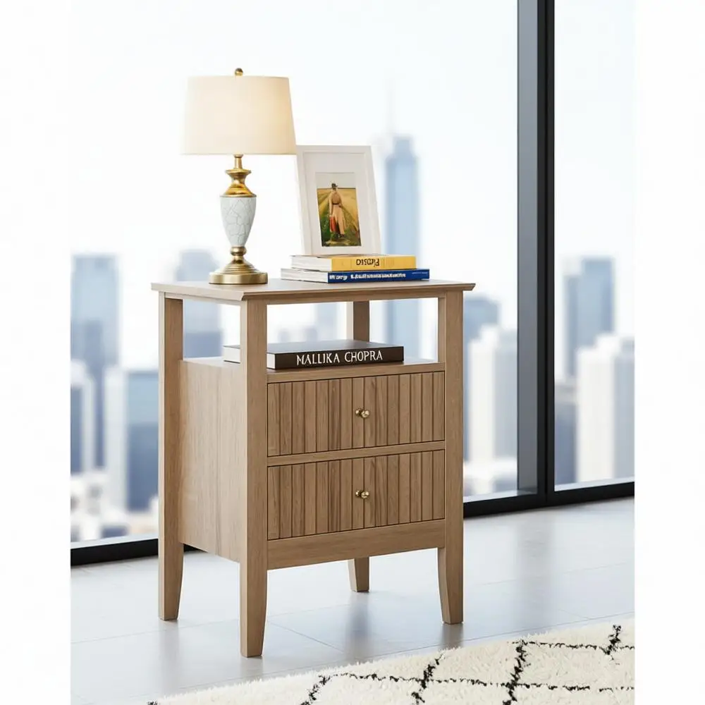 

Рифленая тумбочка, прикроватная тумбочка для фермерского дома с 2 ящиками, современный боковой акцентный столик середины века, прикроватный столик для спальни, Liv