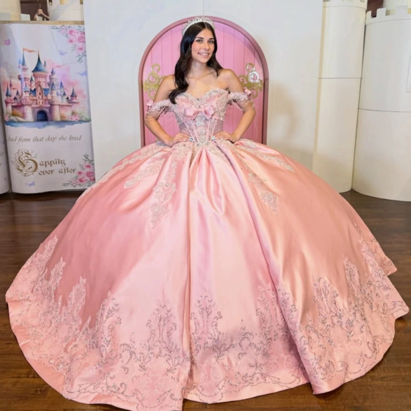 Pink Glitter Quinceanera Dresses Off Shoulder Ball Gown Sweet 16 Dress Sequin Applique Beading Bow Tull Party Birthday Vetidos