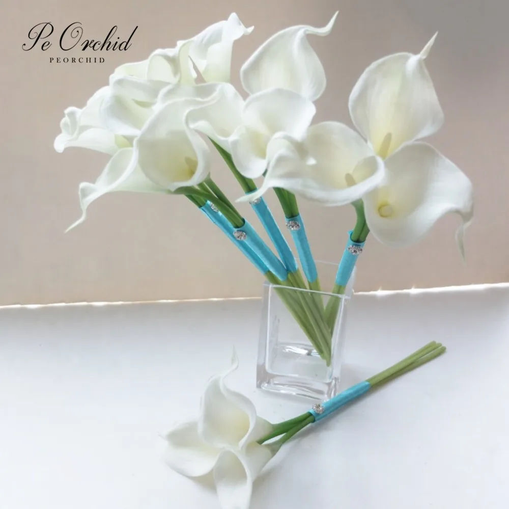 

PEORCHID Custom Ivory Calla Lily Bridesmaid Bouquet Turquoise Ribbon Real Touch Flower Girl Bouquet Wedding Home Decorations