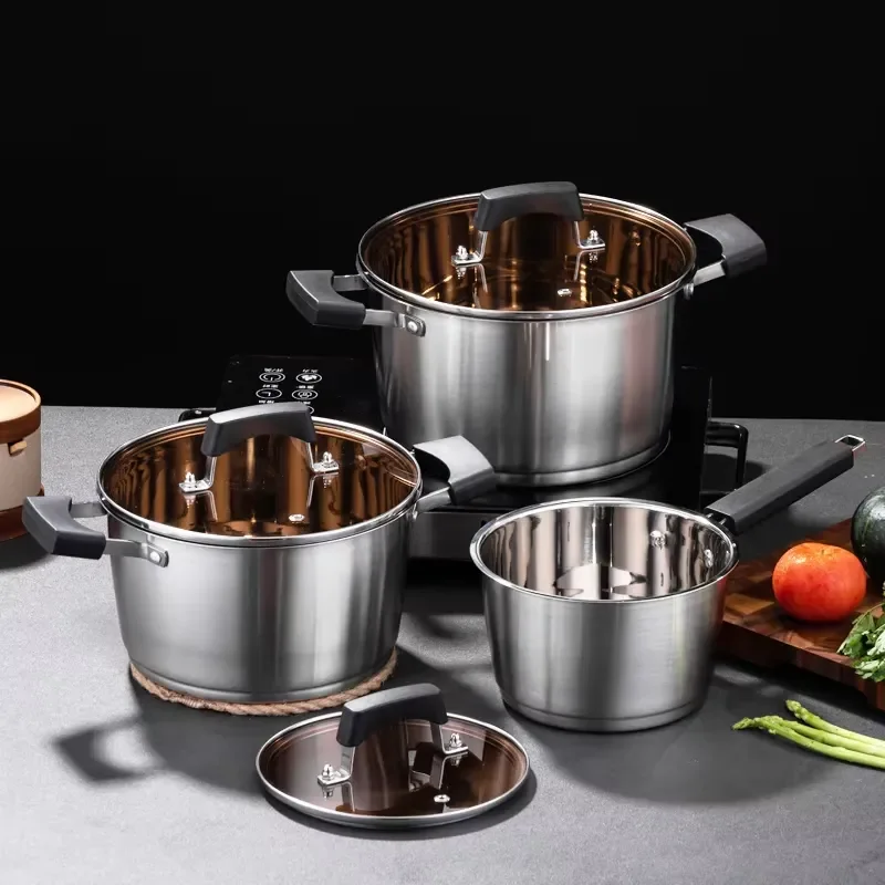 Stylish modern stainless steel cookware set with glass cover, easy to clean, non-stick pan, durable, wholesale kitchen