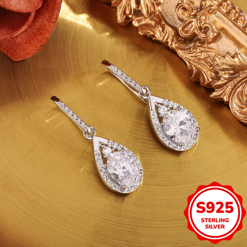 

Luxurious authentic S925 sterling silver water drop pear-shaped oval full diamond earrings women's engagement gift jewelry