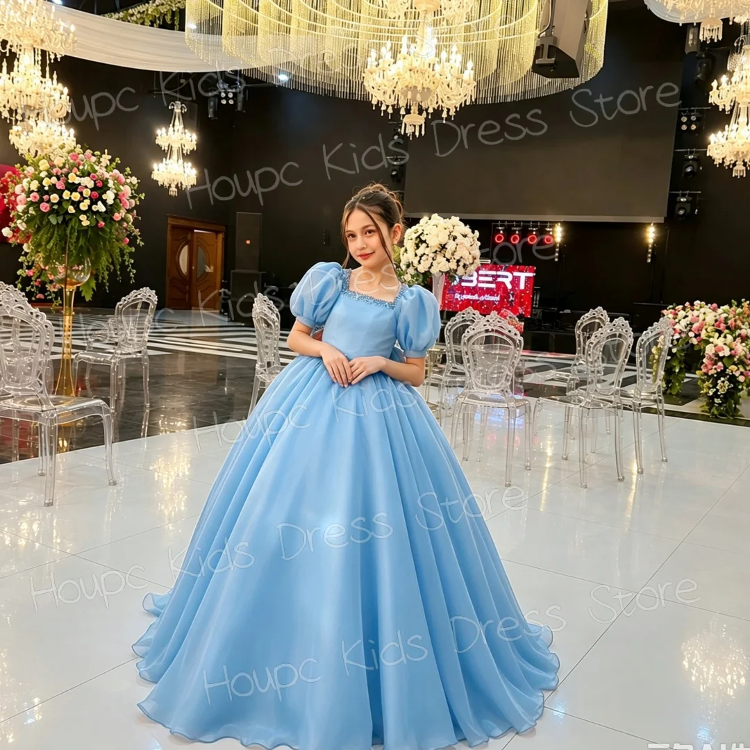 Custom Red Flower Girl Dress for First Communion, Puff Sleeve Tulle Ball Wedding Gown with Beaded Neckline, Customizable Kids Pa