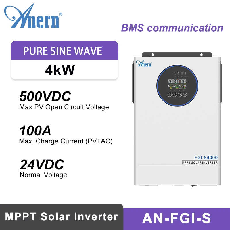 Anern 4KW 2.5KW 1.5KW 24V 12V Hybrid Inverter MPPT 100A 230V Inversor Solar Off Grid BMS Communication For Lithium and Lead-acid