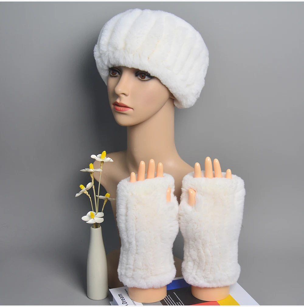 One Set Women Real Rex Rabbit Fur Cuff+Headband Winter Warmer Hat Arm Wrist Sleeve Gloves Female Real Fur Cap+Elastic Wristband