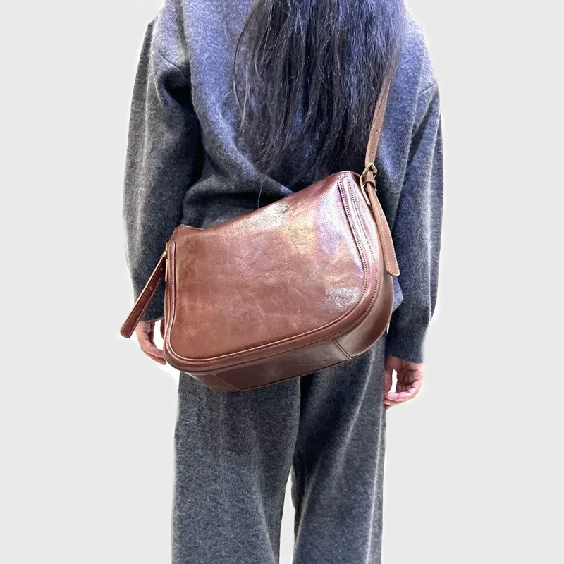 Vintage Natural Leather Messenger Bag Simple Women Crossbody Bags Vegetable Tanned Cowhide Single Shoulder Bag Female Purse Tote