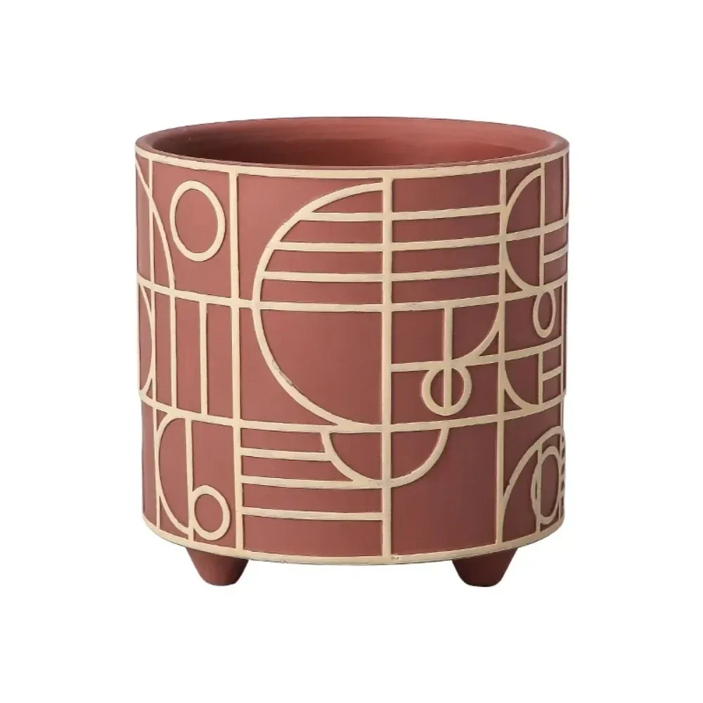 European-style Cylindrical Ceramic Flowerpot Succulent Plants Potted Garden Decoration Indoor Table Flowerpot with Golden Tray