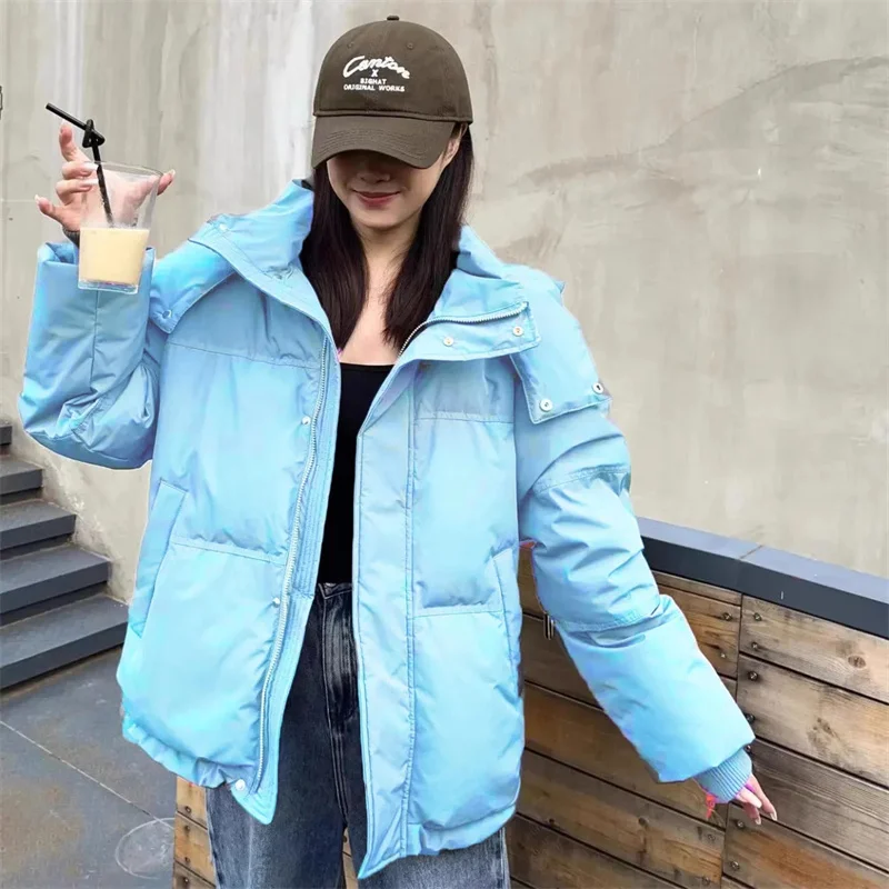 Women Puffer Cotton Jacket Winter Warm Thick Long Sleeve Oversized Hooded Short Parkas Female Loose Quilted Padded Coats Outwear