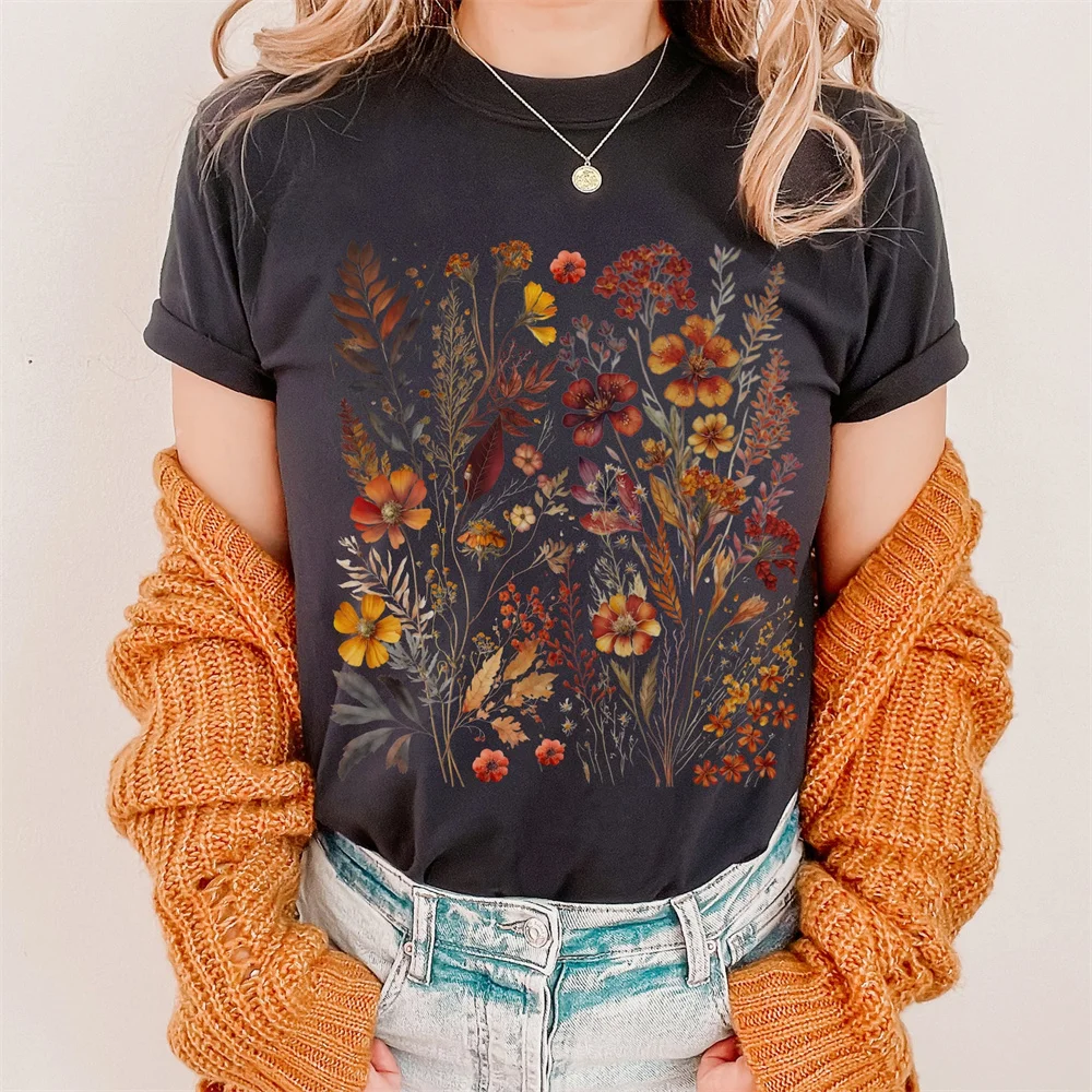 Vintage Cottagecore Shirt Goblincore Shirt Boho Wildflower T Shirt Women Print Casual Short Sleeve O Neck Top  Female Streetwear