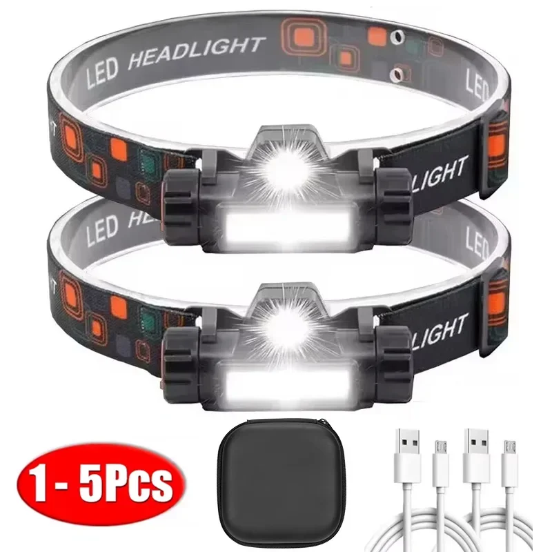 1-5PCS Rechargeable COB LED Headlamp Strong Magnetic Powerful Headlight Super Bright Waterproof Head Torch For Outdoor Fishing