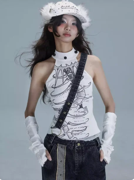 

Новый Оригинальный Японский Жилет в Стиле Харадзюку: Модный, Готический, Белый, Облегающий, Женственный, Сексуальный, Изящный, Сладкий, Кавайный Топ