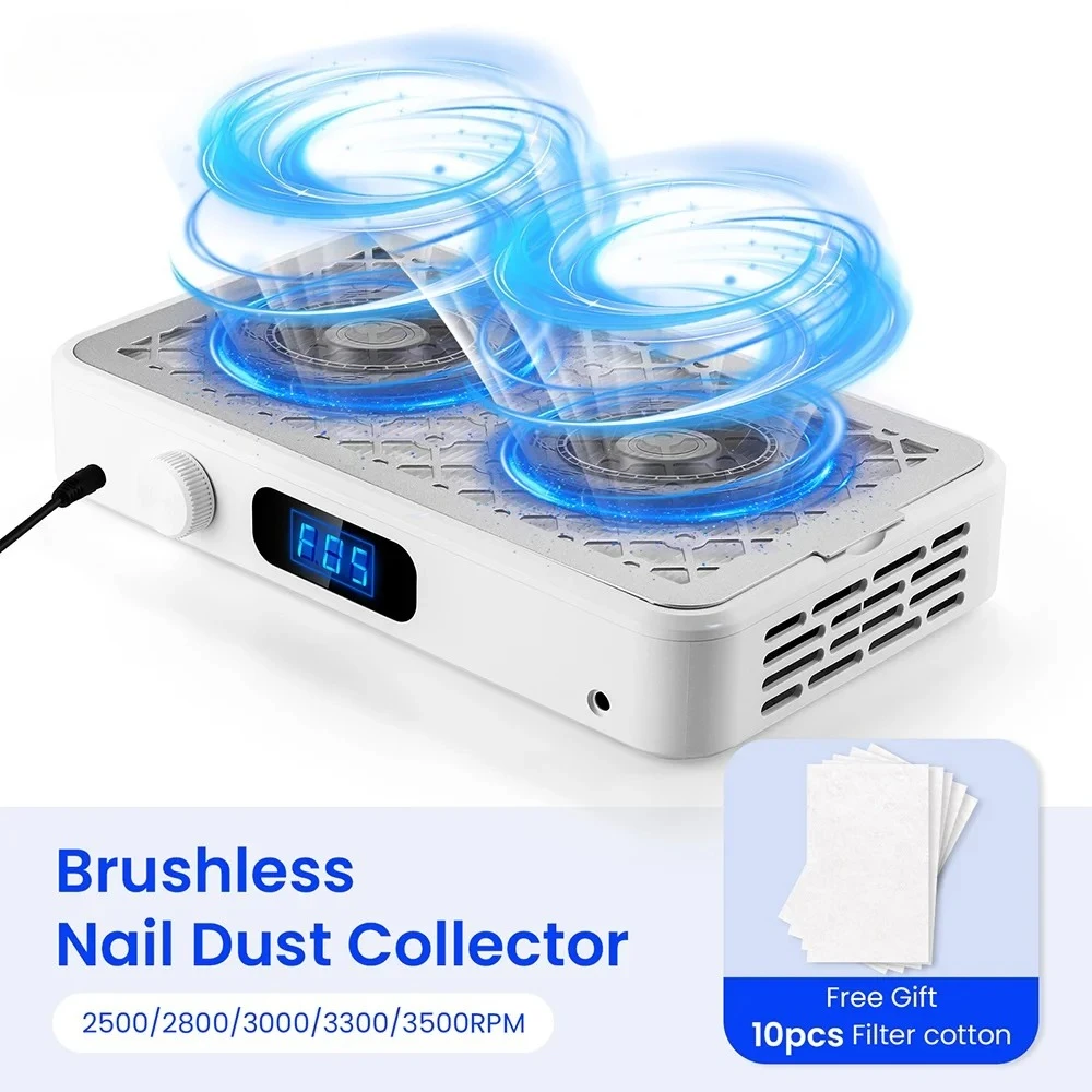 

Powerful Nail Dust Extractor 2500/2800/3000/3300/3500rpm Speed Adjustable Brushless Twin Turbo Vacuum Nail Dust Collector