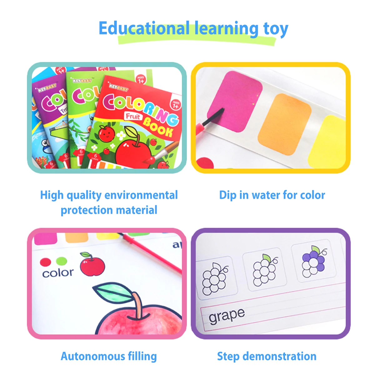 

4 - Set Watercolor Coloring Books: Ocean, Fruit, Traffic & Animal Themes